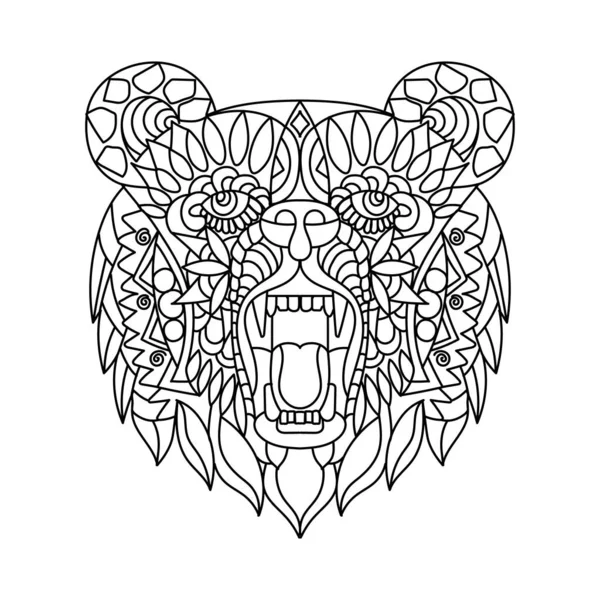 Ethnische Muster in Form eines Bärenkopfes. Ein Tier mit offenem Maul. Schwarz-weiße Doodle-Vektorillustration. Skizze für ein Tattoo, Poster, Druck oder T-Shirt. — Stockvektor