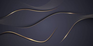 Soyut siyah ve altın desenli ve dinamik dalgalı arka plan posteri. Vektör illüstrasyonu.