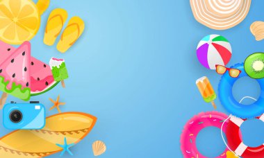 Spring Summer çerçeve posteri, yüzme çemberi tebrik arkaplanı. poster kartı için pankart vektör illüstrasyonu ve tasarımı,