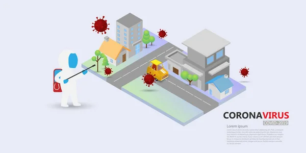 Cartoon Disinfection Decontamination Isometric City Prevention Coronavirus Corona Virus Concept — Stock Vector