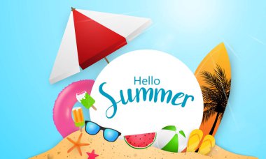 Merhaba Summer çerçeve posteri, yüzme yüzüğünün kutlama arkaplanı. poster kartı için pankart vektör illüstrasyonu ve tasarımı,