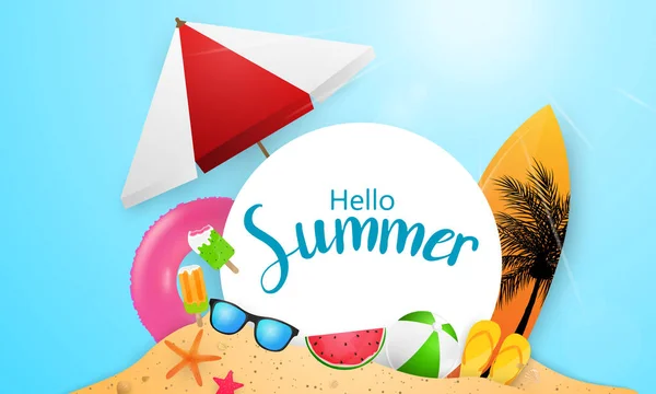 こんにちは夏のフレームポスター リングの挨拶の背景を泳ぐ バナーベクトルイラストとポスターカードのデザイン — ストックベクタ
