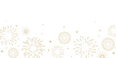 Altın Havai fişekler. Beyaz arka planda izole edilmiş yıldızlar ve kıvılcımlarla şenlikli havai fişekler