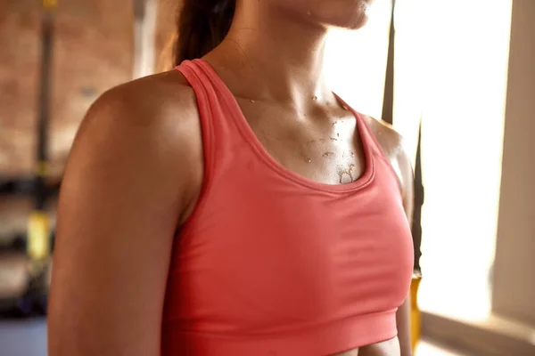 Tiro cortado de mulher atlética jovem em sportswear tendo treino no ginásio. Esporte, conceito de estilo de vida saudável — Fotografia de Stock