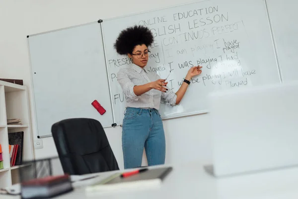Beszélj angolul. Fiatal afro-amerikai női tanár alkalmi ruhákban áll a tábla mellett, és elmagyarázza az angol nyelvtant, nézi a webkamerát a laptopon — Stock Fotó