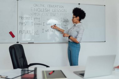 Web sınıfı. Beyaz tahtanın yanında duran ve evde online öğretmenlik yaparken İngilizce gramerini açıklayan günlük kıyafetli genç Afro-Amerikan bayan öğretmen.
