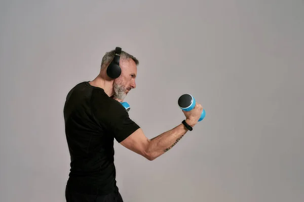 Practica. Hombre musculoso de mediana edad en camiseta negra y auriculares que lucen enfocados sosteniendo pesas azules, posando en el estudio sobre fondo gris —  Fotos de Stock