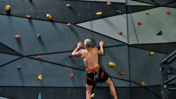 Hombre sin camisa de mediana edad en equipo de seguridad y entrenamiento de arnés en la pared de escalada artificial en el interior —  Fotos de Stock