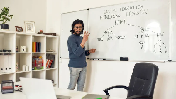 Teaching code programming. Young bearded male teacher pointing at whiteboard and explaining how to code HTML CSS, giving lesson online at home