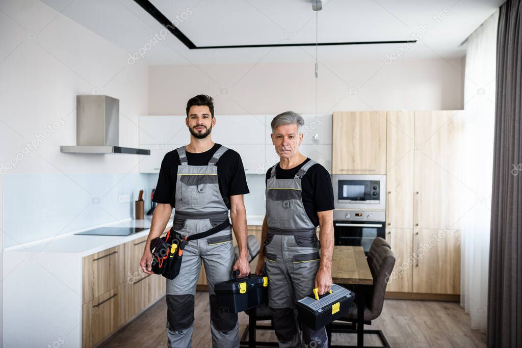 We are always best. Portrait of young and aged repairmen in uniform looking at camera with a smile, holding toolbox, ready for fixing kitchen hood. Repair service concept