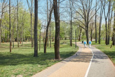 Mikrop Savaşçıları. Covid19 virüsünün ortaya çıkmasından dolayı şehir parkının temizlenmesi, temizlenmesi ve dezenfekte edilmesi. Koruyucu giysiler ve maskeler konusunda uzman ekip iş başında.