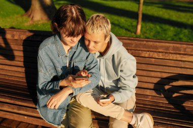 İki genç kız akıllı telefonlarını tutarak şehir parkında bankta oturuyorlar. Lezbiyen çift dışarıda birlikte vakit geçirirken telefonlarını kullanıyor.