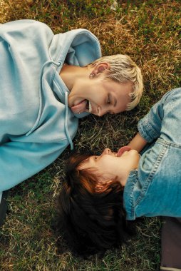 Mutlu lezbiyen çiftin birbirine gülümsemesi, yaz parkında çimenlerde yatarken dillerini göstermesi, açık havada birlikte zaman geçirmeleri.