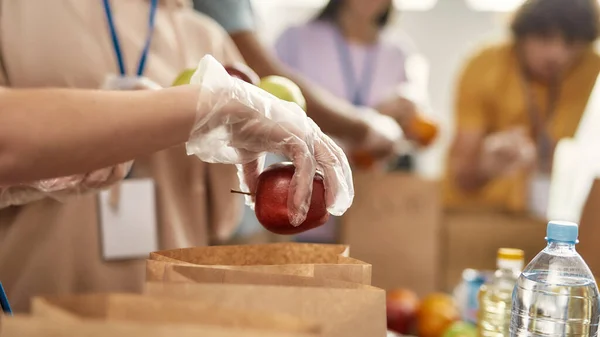 紙袋の中の貧しい人々のための食糧を分類しながら、リンゴを保持手袋でボランティアの手を閉じて、チームは寄付プロジェクトに協力 — ストック写真