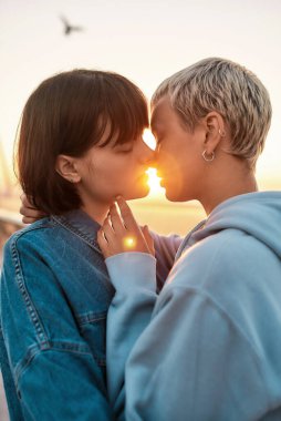 Genç lezbiyen çift romantik anlar yaşıyor, iki kadın güneşin doğuşunu izlerken öpüşecek, seçici odaklanma.