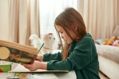 Evde tek başına oturmuş kitap okuyan ve notlar alan küçük tatlı bir kız.