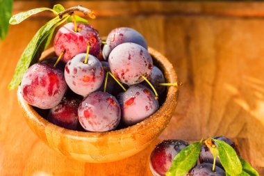 Ahşap kase taze kiraz Erik kapatın