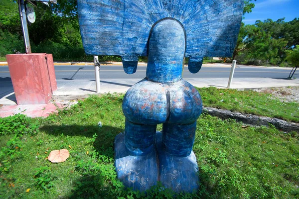 Ídolo azul de Taino na vista traseira da grama — Fotografia de Stock