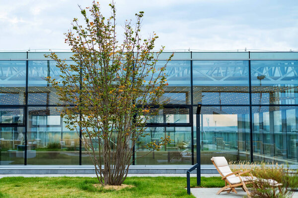 Modern rooftop patio with wooden armchair during the day