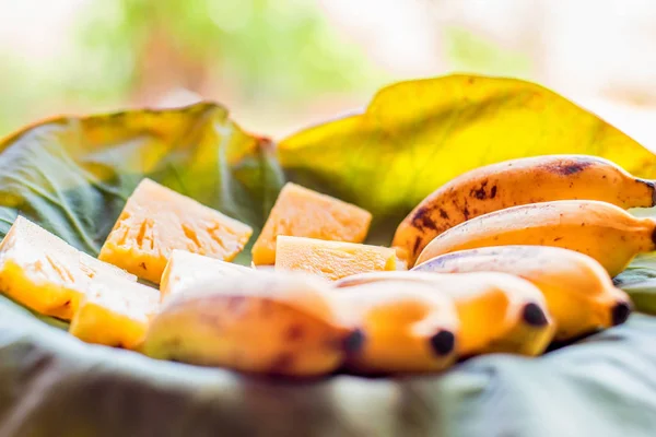 Ovocný talíř s tropickým ovocem banány a ananas plátky na lotosový list — Stock fotografie