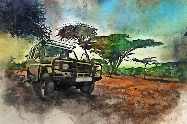 Safari jármű, egy játék meghajtót az afrikai szavanna — Stock Fotó