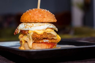 Uzun boylu lezzetli burger peynir ve yumurta tepside servis kapatın