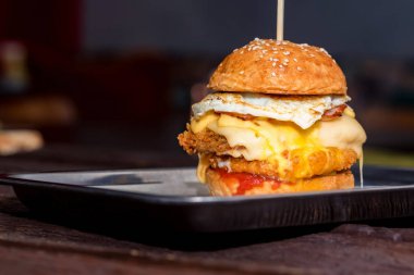 Uzun boylu lezzetli burger peynir ve yumurta tepside servis kapatın
