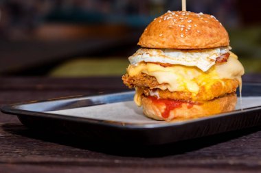 Uzun boylu lezzetli burger peynir ve yumurta tepside servis kapatın