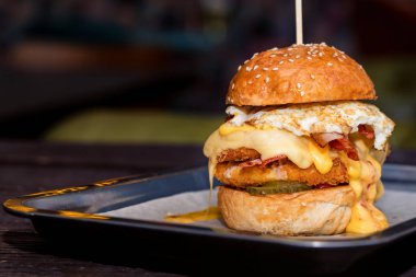 Uzun boylu lezzetli burger peynir ve yumurta tepside servis kapatın