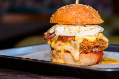 Uzun boylu lezzetli burger peynir ve yumurta tepside servis kapatın