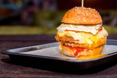 Uzun boylu lezzetli burger peynir ve yumurta tepside servis kapatın