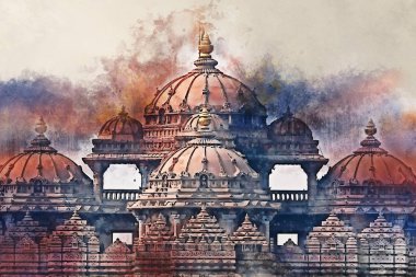 Watercolor painting of facade of a temple Akshardham in Delhi, India clipart