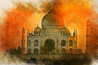Agra, Hindistan'da Tac Mahal'in gün batımı manzarasısulu resim.