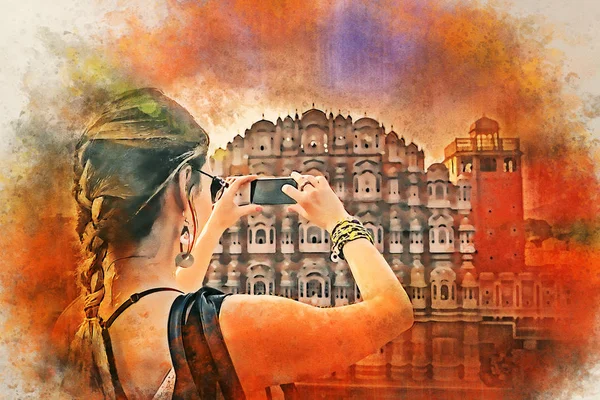Aquarel schilderij van mooi meisje wijst naar Hawa Mahal. Wanderlust — Stockfoto