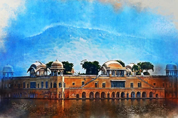 Akvarellmålning av JAL Mahal och man Sagar Lake i Rajasthan, Indien. — Stockfoto