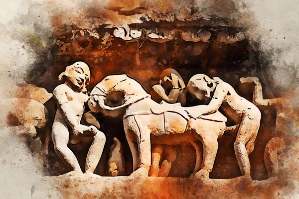Watercolor painting of close up erotic stone carving in Lakshman Temple — Stock Photo, Image