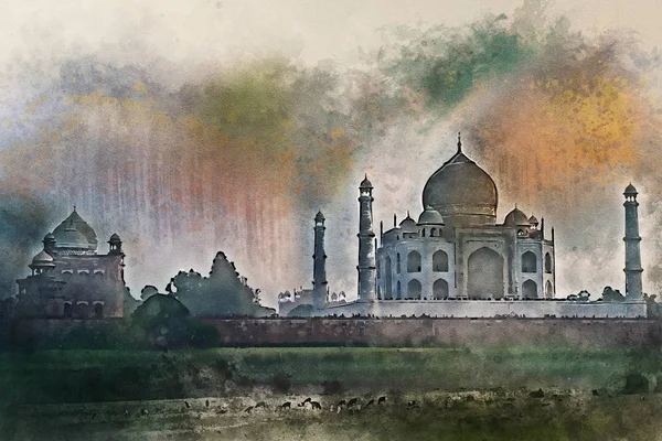 Pintura aquarela de Taj Mahal vista cênica do pôr do sol em Agra, Índia . — Fotografia de Stock
