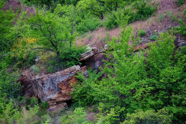 Πέτρινο σπήλαιο σε πράσινη στέπη θέα στο τοπίο — Φωτογραφία Αρχείου