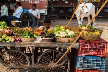 Delhi, Hindistan - 6 Kasım 2017: Kimliği belirsiz Hintli adam sebze satıyor