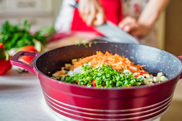 Chopped fresh vegetables in saucepan. Cooking vegetables — Stock Photo, Image