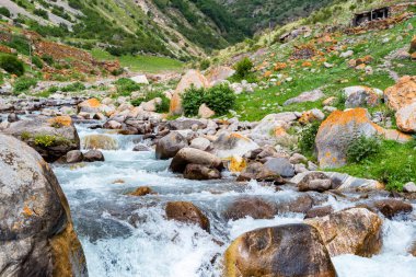 Dağ nehrinde suyun güzel huzurlu manzarası. Yavaş deklanşör hızı