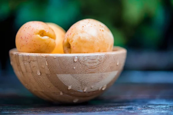 Fresh ripe apricots in wooden bowl outdoors. Blurred background — Stock Photo, Image
