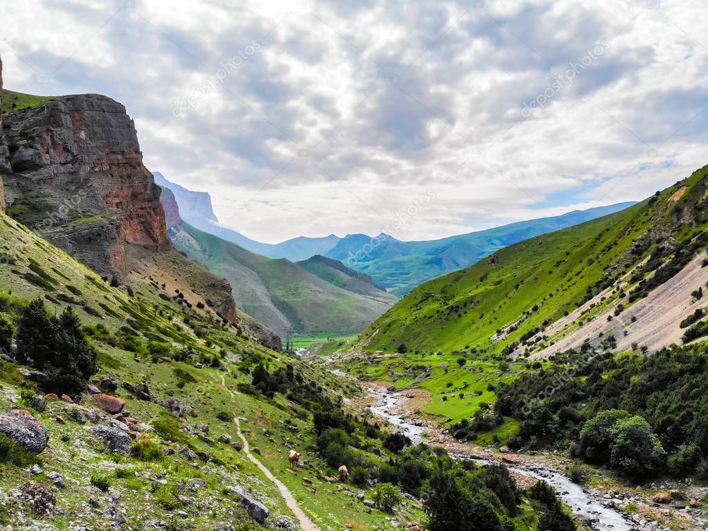 View of beautiful mountains in northern caucasus on sunny day