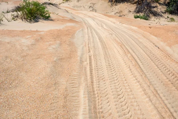 Kum üzerinde lastik izleri ile yarı çöl manzara