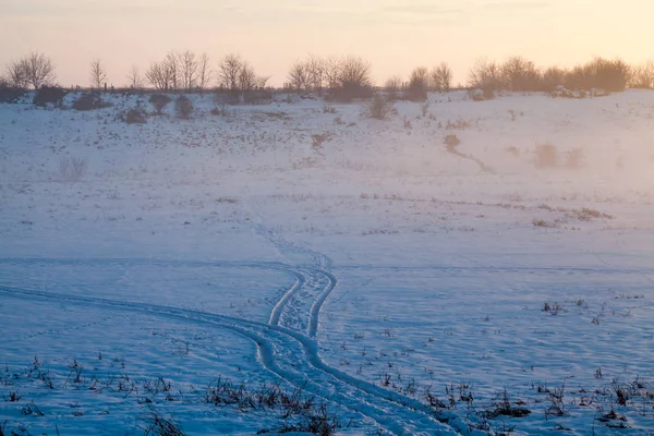 Platteland Winterlandschap Bij Zonsondergang — Stockfoto