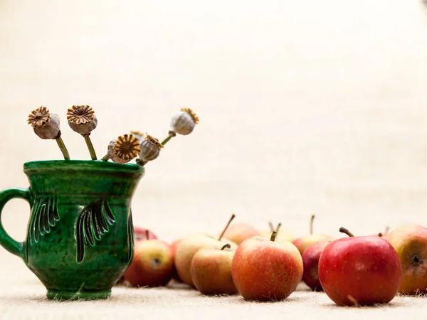 Small Red Apples Burlap Texture Background — Stock Photo, Image