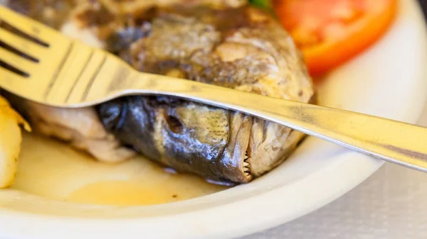 Τηγανητό Ψάρι Λαχανικά Στο Πιάτο — Φωτογραφία Αρχείου