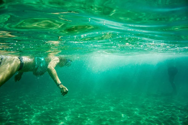 Onderwater Scène Ionische Zee Zakynthos Griekenland Met Meisjes Spelen Het — Stockfoto