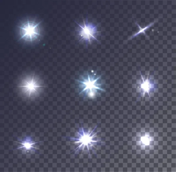 Set of realistic vector lens flare on a transparent background. Collection of beautiful lighting effects. Sparkling stars.