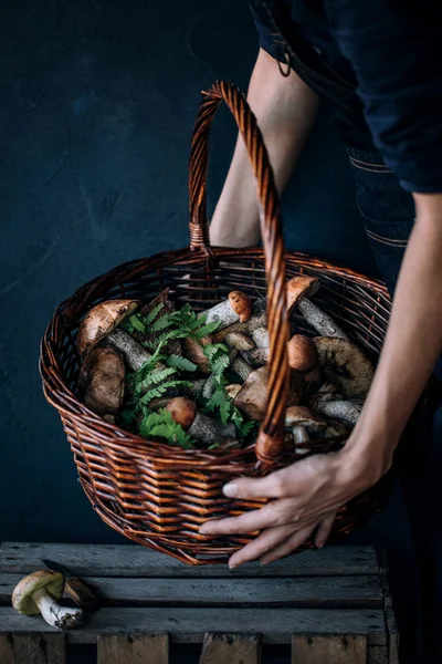 Cesta Com Cogumelos Florestais Mãos Femininas Fundo Escuro Estilo Rústico — Fotografia de Stock